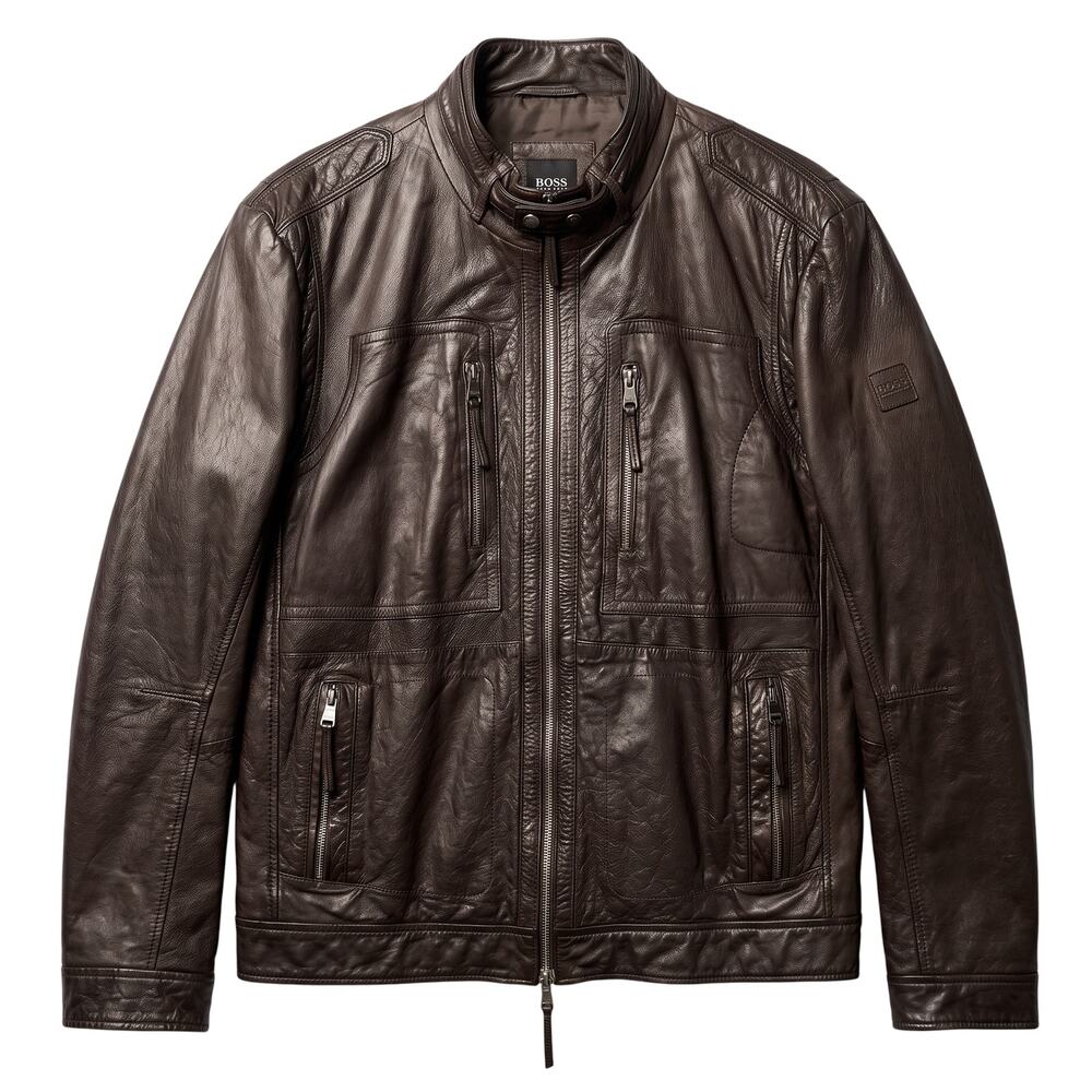 Hugo Boss 100% Calfskin Leather Motorcycle Jacket Men's 42R Large Utility Moto